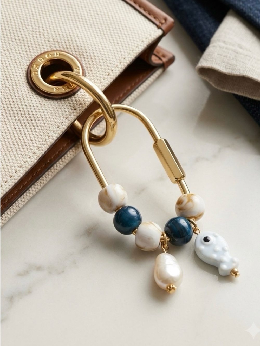 Viral Carabiner Beaded Bag Charm Keychain with Blue Fish & Faux Pearl Charms